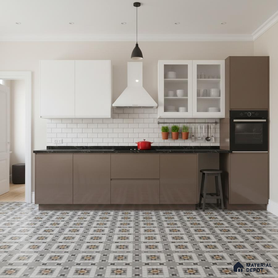 Modern kitchen with taupe brown laminate, white subway tile backsplash, and patterned geometric floor tiles in Bengaluru
