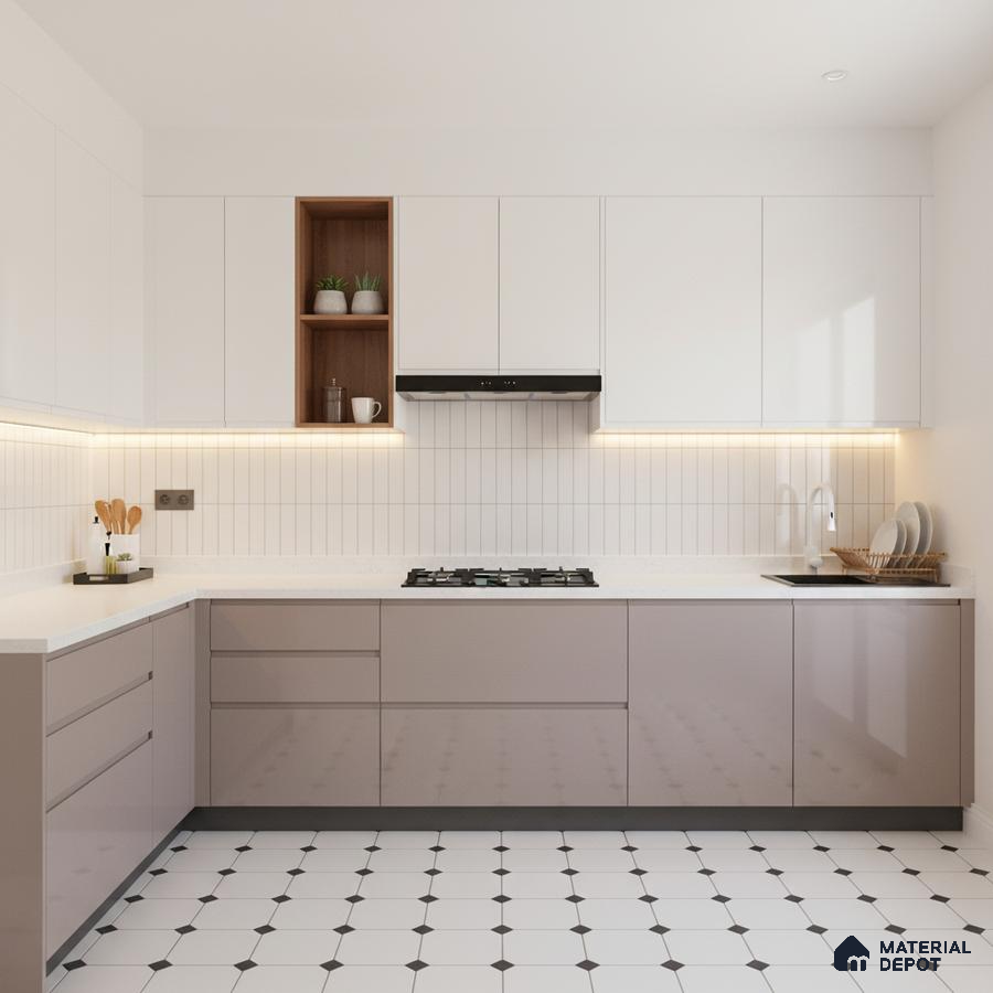 Modern kitchen with taupe glossy laminate, white quartz countertop, and white geometric floor tiles in Bengaluru