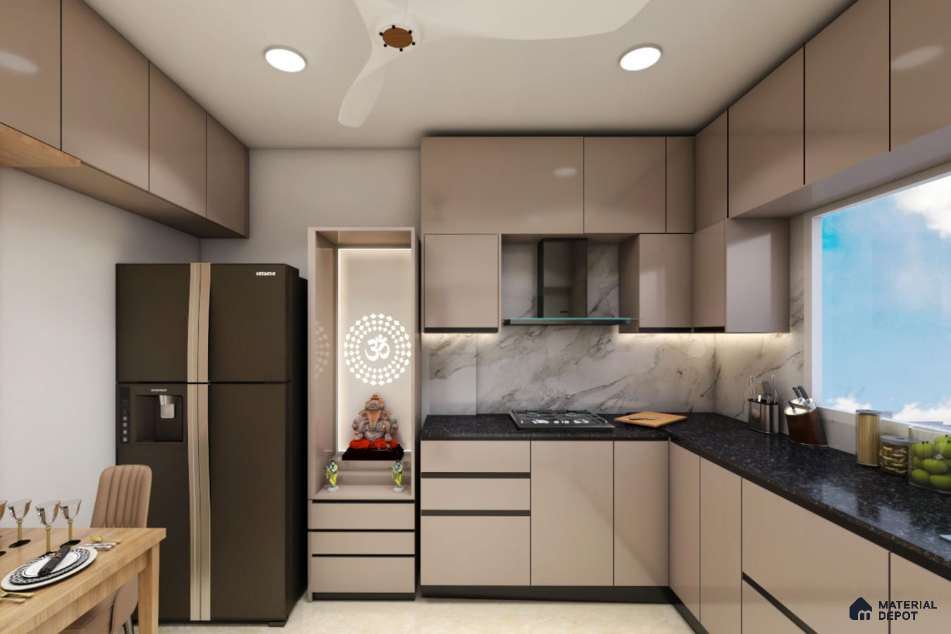 Modern kitchen with taupe high gloss laminate cabinets, black granite countertop, and marble-look backsplash in Bengaluru | Material Depot