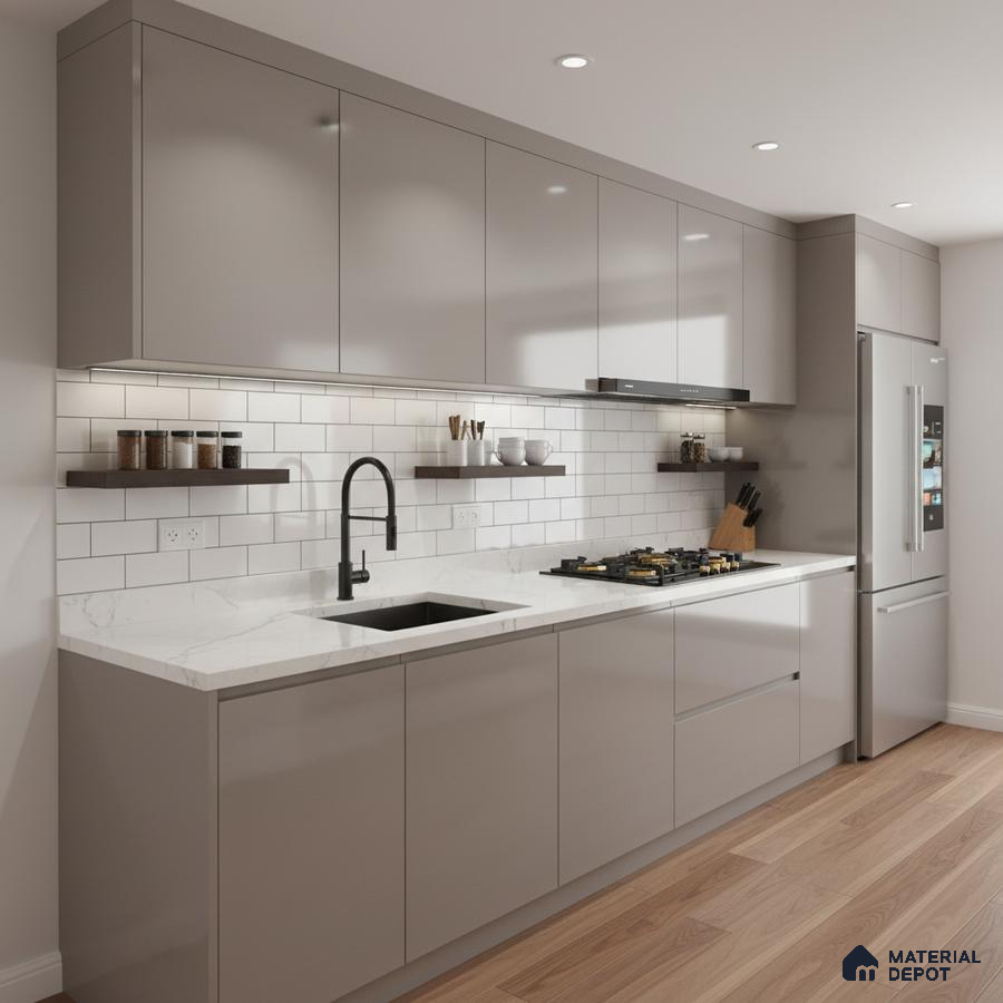 Modern kitchen with taupe high gloss laminate cabinets, white marble-look quartz countertop, and subway tile backsplash in Bengaluru