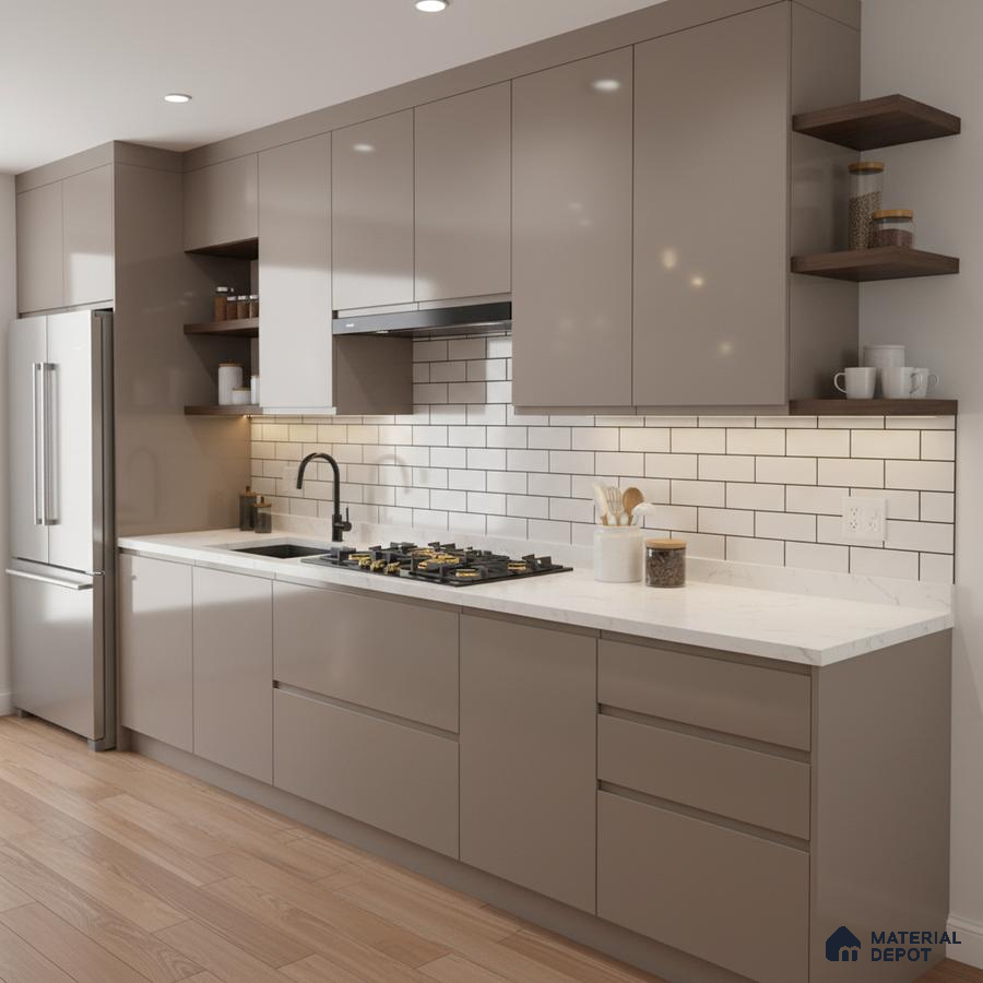 Modern kitchen with taupe high gloss laminate cabinets, white marble-look quartz countertop, and subway tile backsplash in Bengaluru