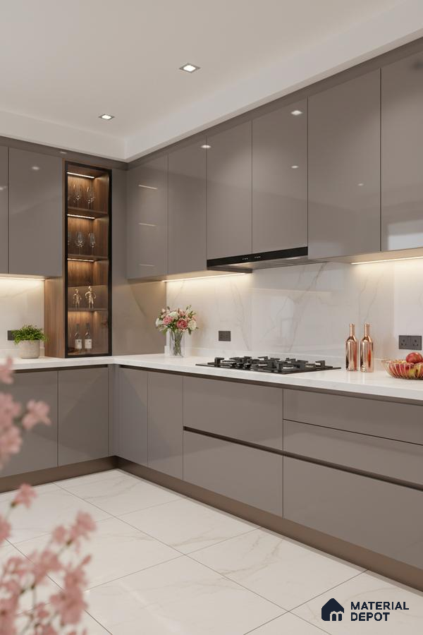 Modern kitchen with taupe high gloss laminate cabinets, white quartz countertop, and marble-look tile flooring in Bengaluru