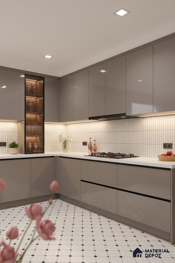 Modern kitchen with taupe high gloss laminate cabinets, white quartz countertop, and white geometric floor tiles in Bengaluru