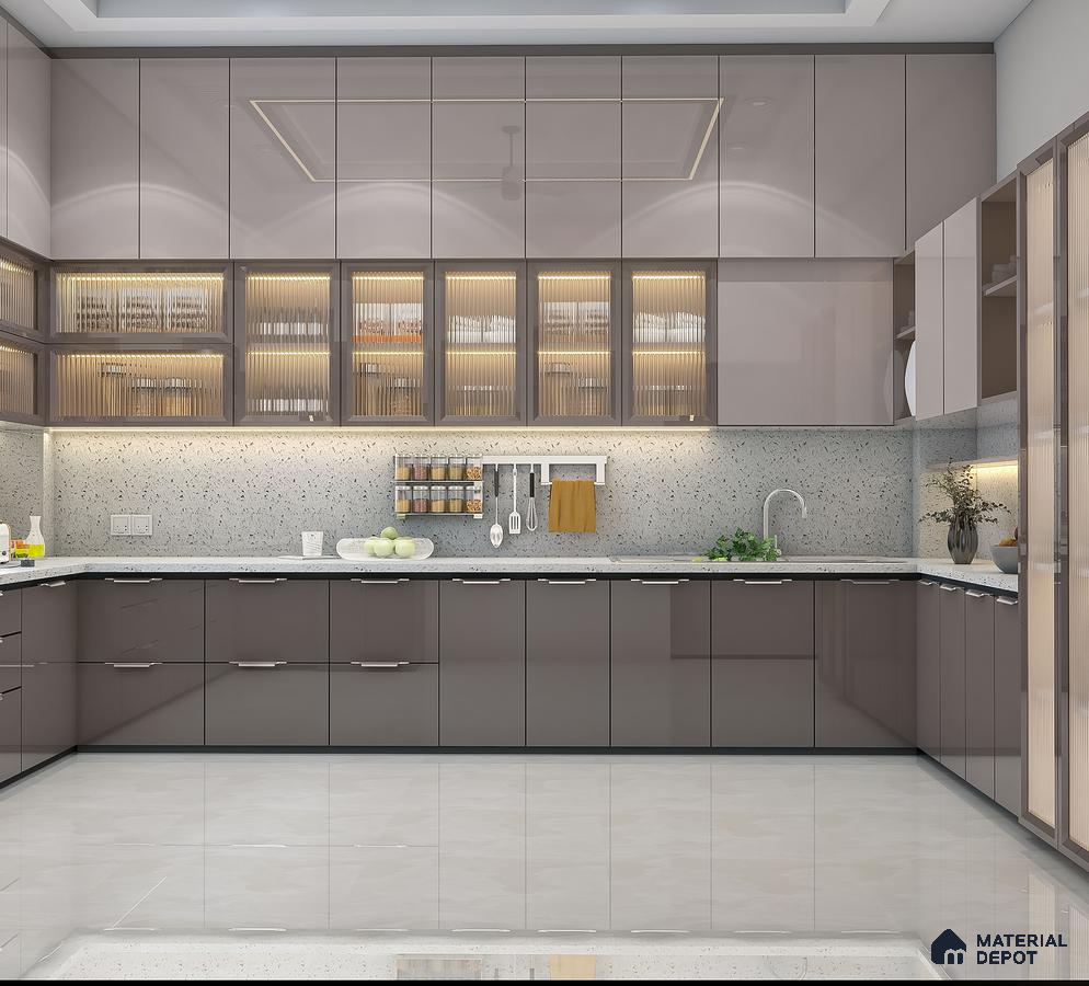 Modern kitchen with taupe high gloss laminate, terrazzo backsplash, and white quartz countertop in Bengaluru | Material Depot