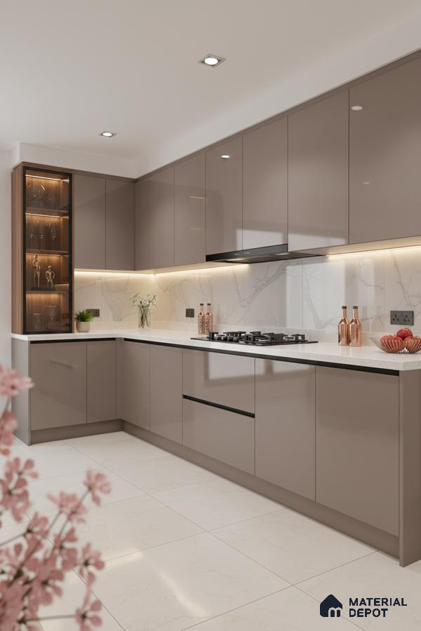 Modern kitchen with taupe high gloss laminate, white marble-look backsplash, and white quartz countertop in Bengaluru