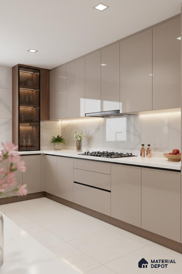 Modern kitchen with taupe high gloss laminate, white quartz countertop, and marble-look backsplash in Bengaluru