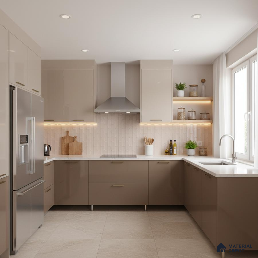 Modern kitchen with taupe high gloss laminate, white quartz countertop, and vertical subway backsplash tile in Bengaluru