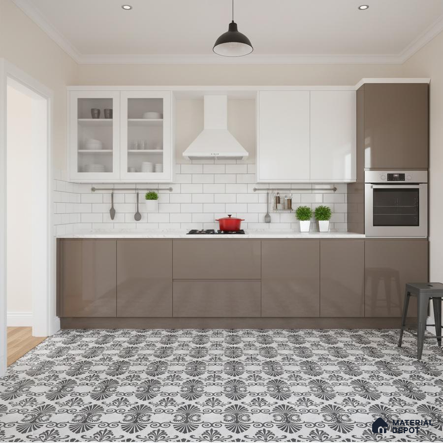 Modern kitchen with taupe high gloss laminate, white subway tile backsplash, and black-and-white patterned floor tiles in Bengaluru