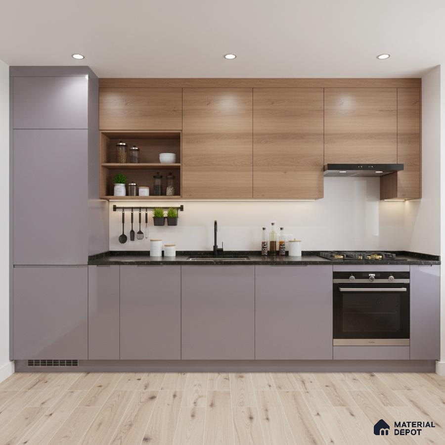 Modern kitchen with taupe laminate base cabinets, natural oak wood laminate wall cabinets, and black granite countertop in Bengaluru