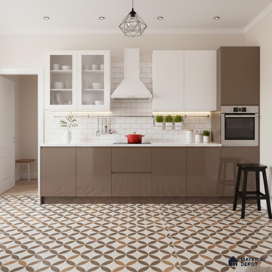 Modern kitchen with taupe laminate cabinets, white subway tile backsplash, and geometric patterned floor tiles in Bengaluru