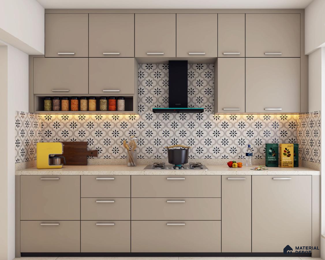 Modern kitchen with taupe matte laminate cabinets and black-and-white floral patterned backsplash tiles in Bengaluru | Material Depot
