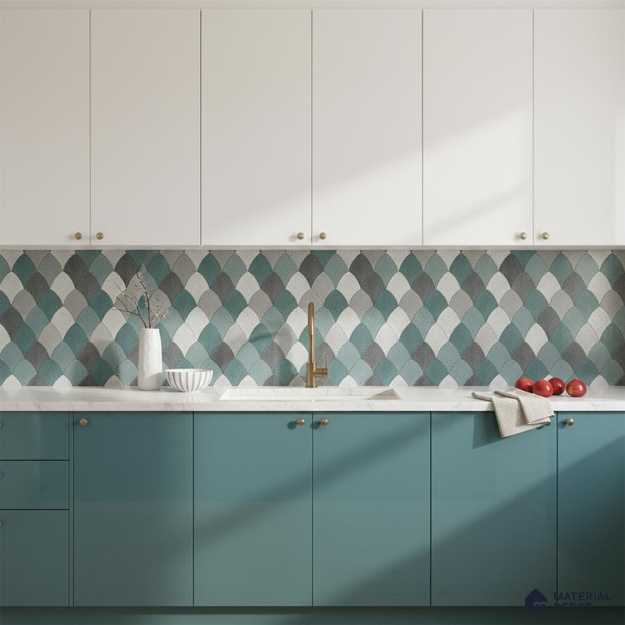 Modern kitchen with teal blue laminate, frosty white laminate, and geometric fishscale backsplash tile in Bengaluru