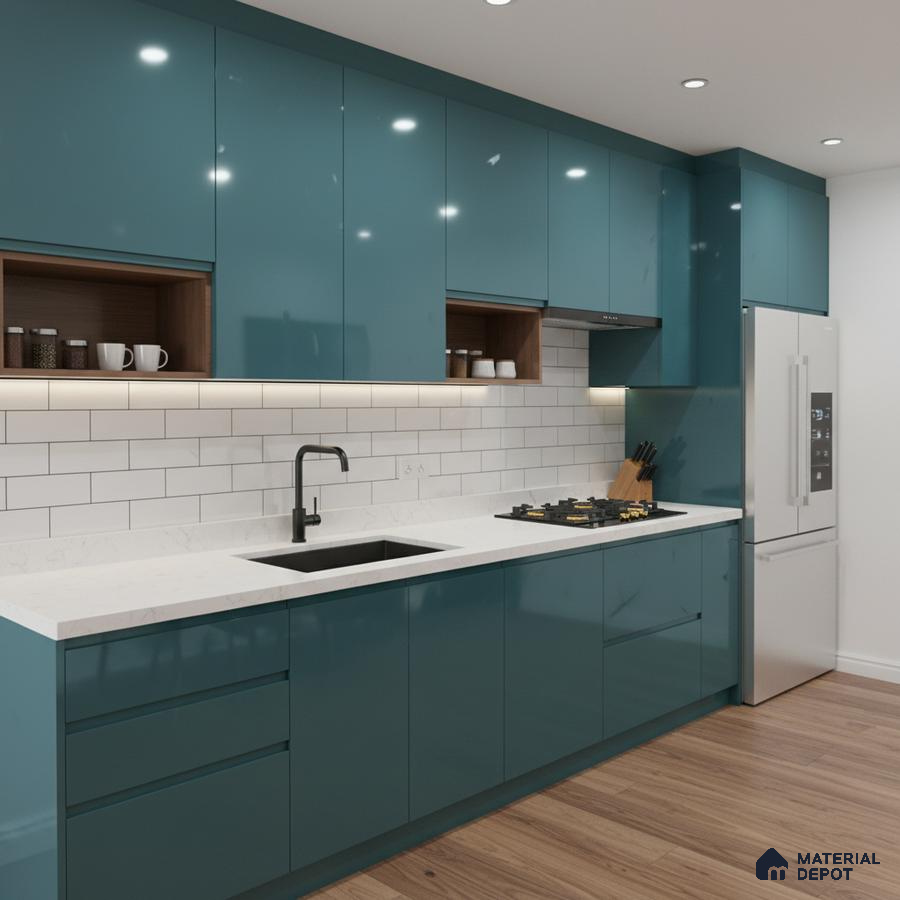 Modern kitchen with teal high gloss laminate, white quartz countertop, and subway tile backsplash in Bengaluru