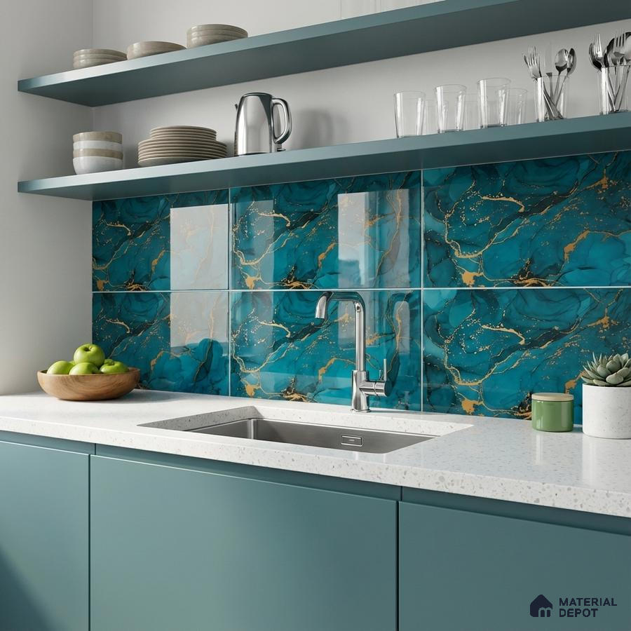 Modern kitchen with teal marble-look backsplash tile and frosty white quartz countertop