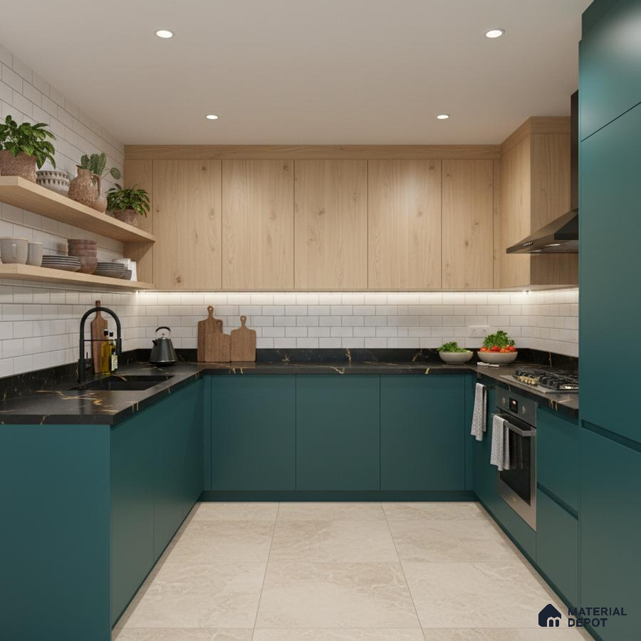 Modern kitchen with teal matte laminate, light oak laminate, black marble countertop, and white subway tile backsplash in Bengaluru