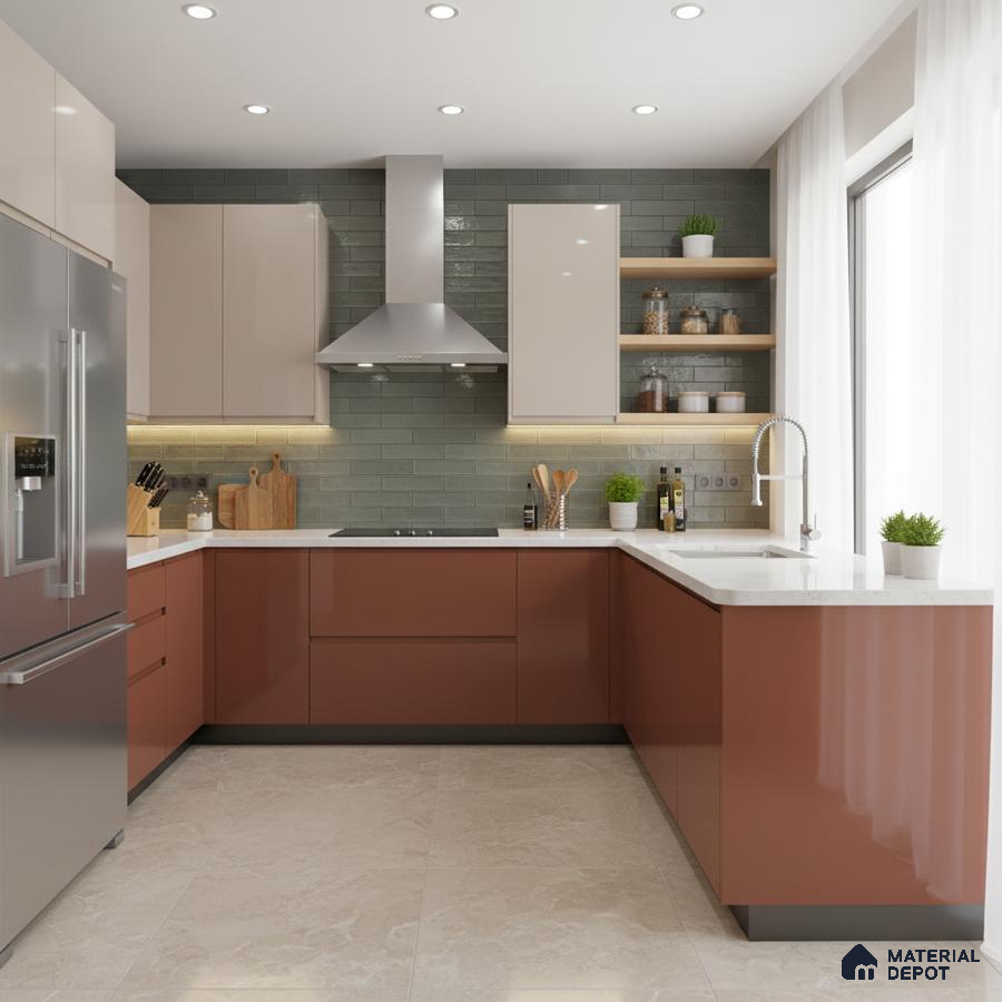 Modern kitchen with terracotta and beige high gloss laminate, white quartz countertop, and sage green subway backsplash tile in Bengaluru