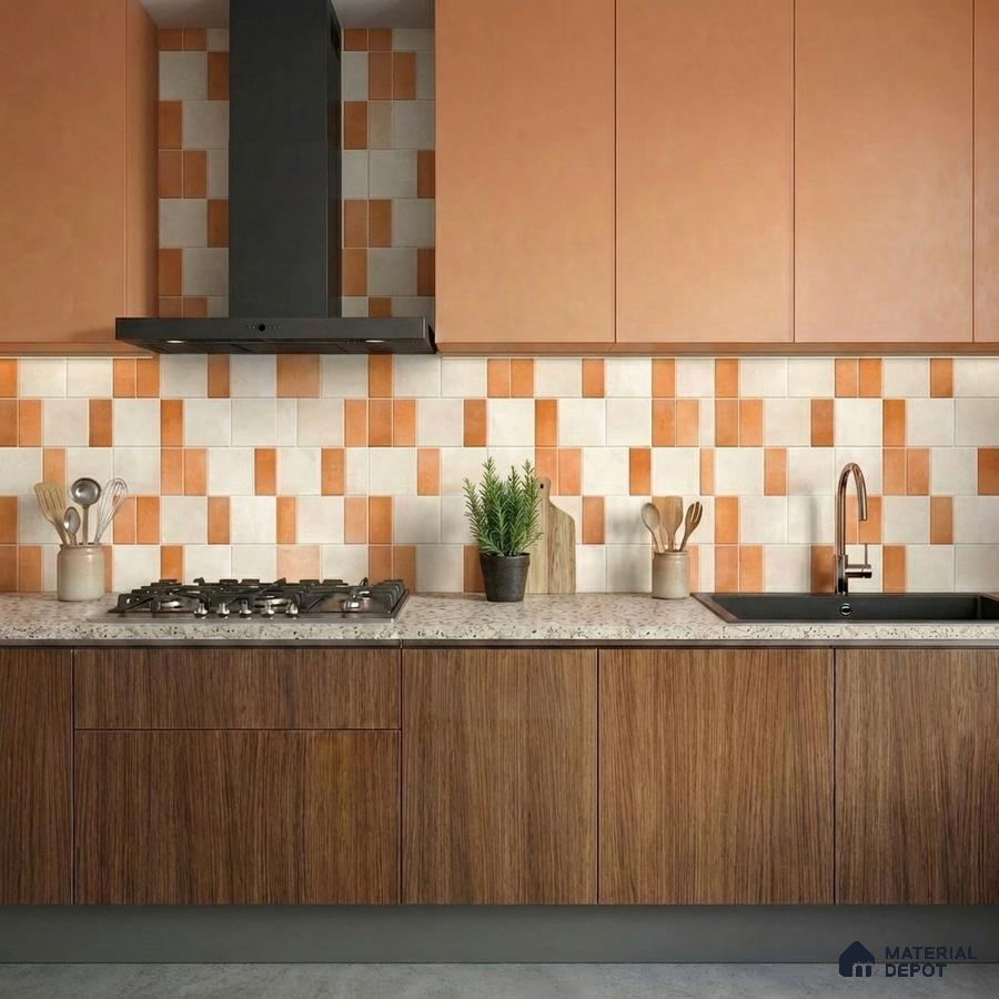Modern kitchen with terracotta and beige patterned backsplash tile, peach laminate, and wood grain laminate base cabinets