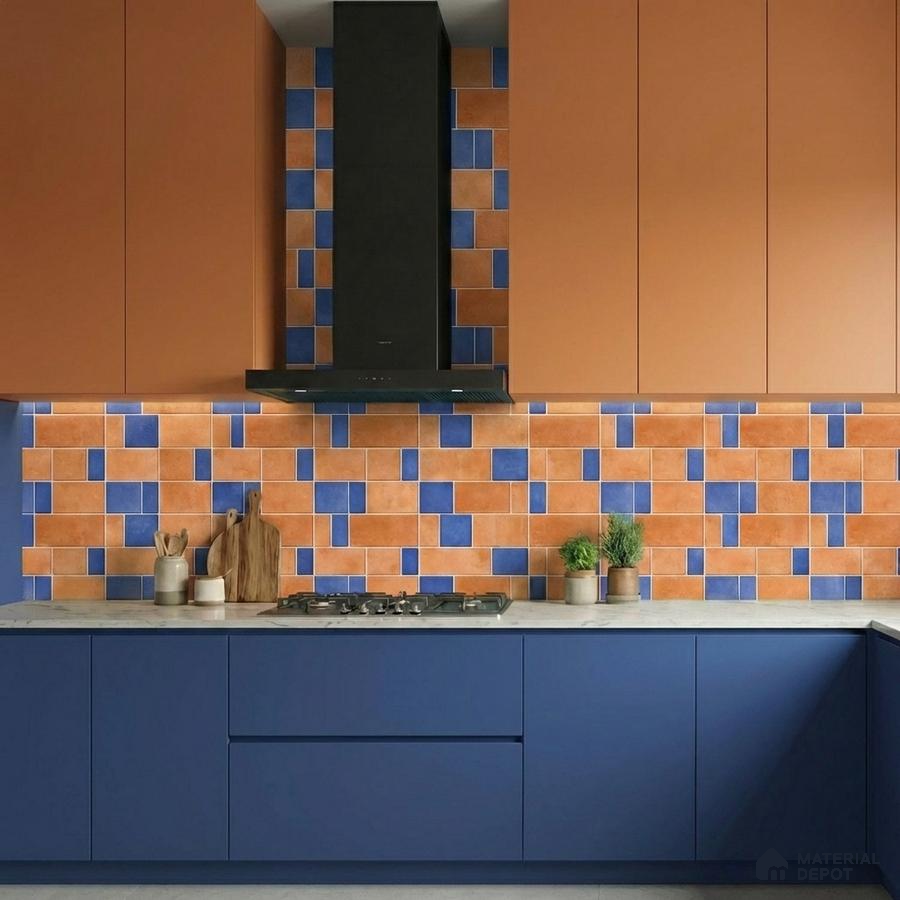 Modern kitchen with terracotta and blue laminate, geometric blue and terracotta backsplash tiles