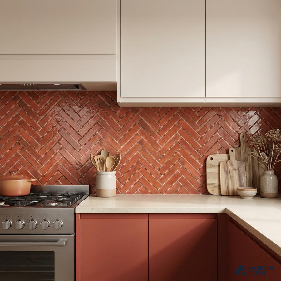 Modern kitchen with terracotta herringbone backsplash tile and matte terracotta laminate cabinets