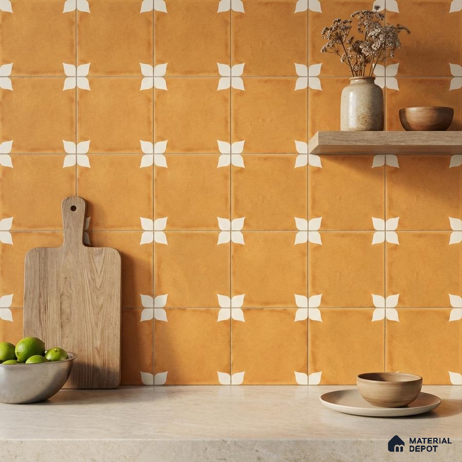 Modern kitchen with terracotta patterned wall tiles and beige quartz countertop