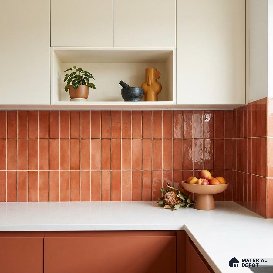 Modern kitchen with terracotta vertical subway backsplash tile and white quartz countertop
