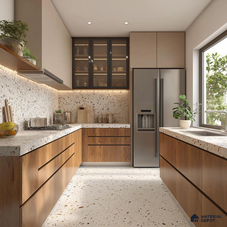 Modern kitchen with terrazzo countertop and backsplash, walnut wood laminate cabinets in Bengaluru | Material Depot