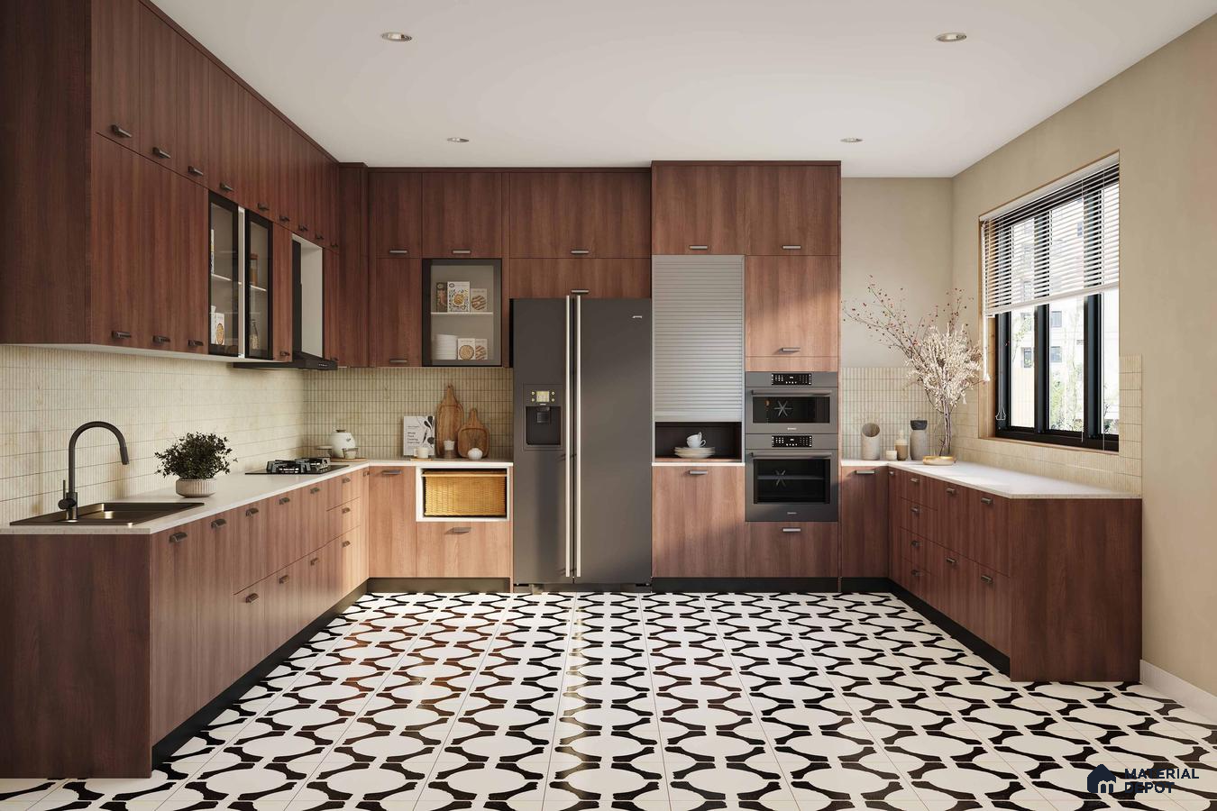Modern kitchen with walnut brown wood laminate cabinets, white quartz countertop, and black-and-white geometric patterned floor tiles in Bengaluru | Material Depot