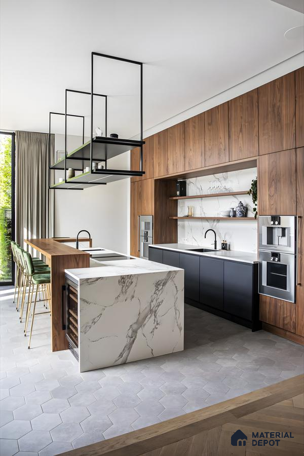Modern kitchen with walnut cabinetry, marble island, and open shelving for a chic, contemporary look. | Material Depot