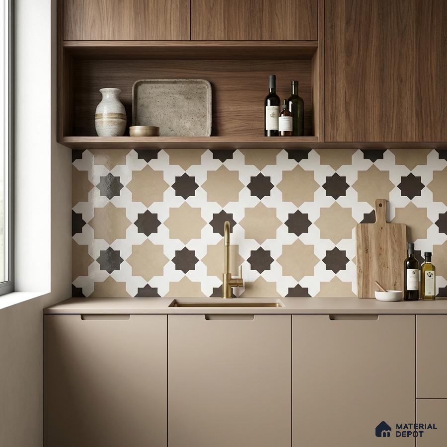 Modern kitchen with walnut laminate cabinets, beige solid color laminate, and geometric moroccan backsplash tiles