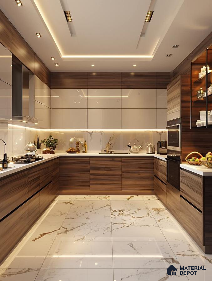 Modern kitchen with walnut wood grain laminate, frosty white high gloss laminate, and marble-look floor tiles in Bengaluru | Material Depot