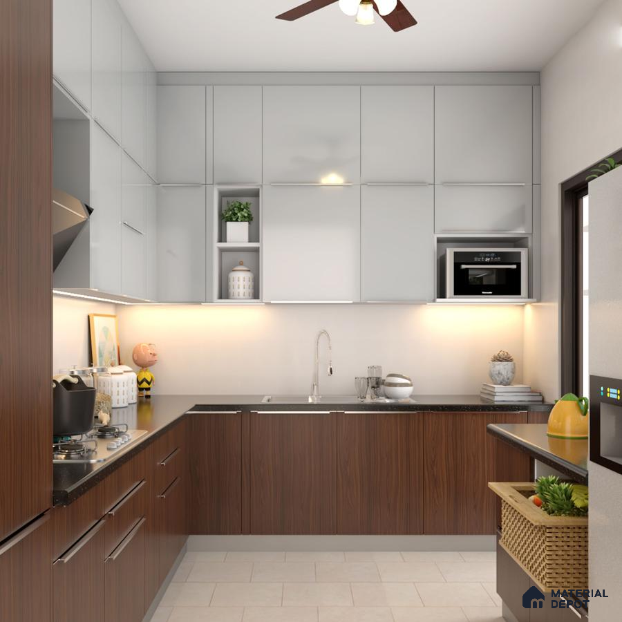Modern kitchen with walnut wood laminate base cabinets, frosty white laminate wall cabinets, and black quartz countertop in Bengaluru | Material Depot