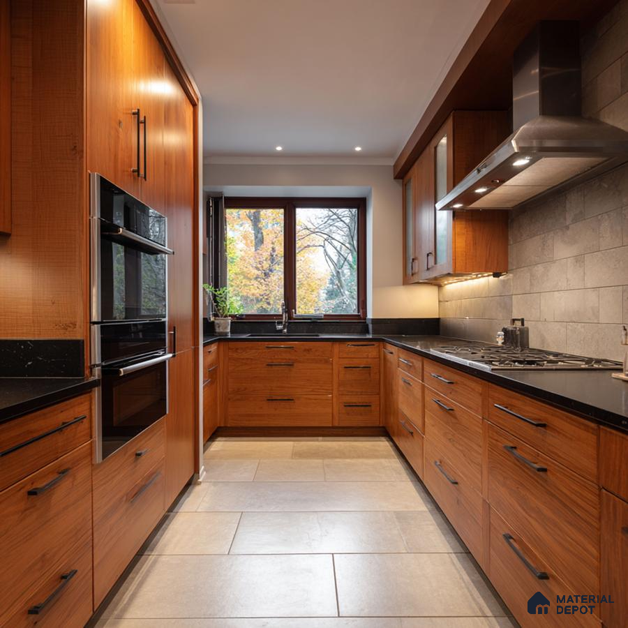 Modern kitchen with walnut wood laminate cabinets, black quartz countertop, and large beige floor tiles in Bengaluru | Material Depot