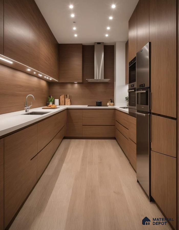 Modern kitchen with walnut wood laminate cabinets, white quartz countertop, and light oak wood flooring in Bengaluru | Material Depot