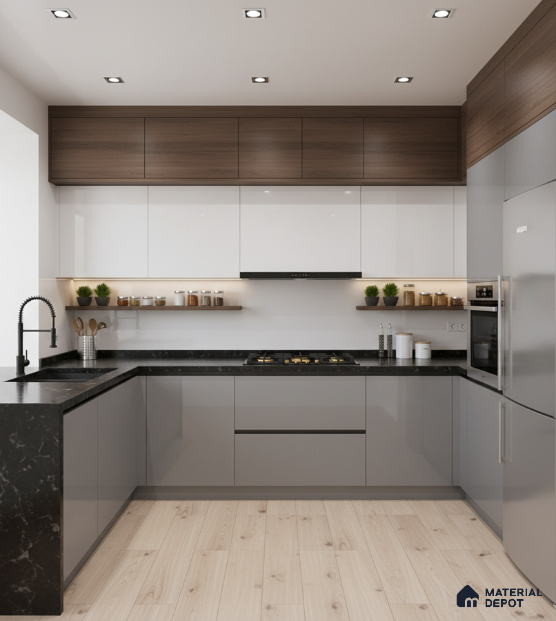 Modern kitchen with walnut wood laminate, frosty white and grey laminate, and black marble countertop in Bengaluru