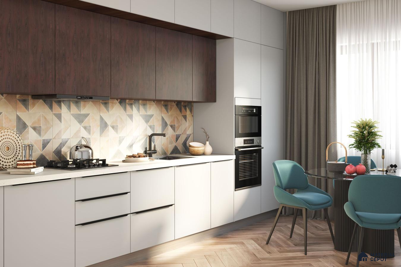 Modern kitchen with walnut wood laminate, frosty white laminate, geometric patterned backsplash tile, and herringbone wooden floor in Bengaluru | Material Depot
