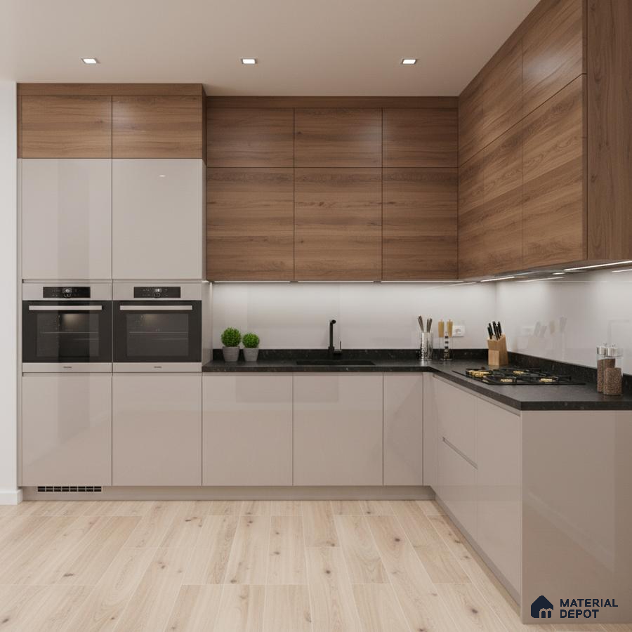 Modern kitchen with walnut wood laminate, glossy beige laminate, and black quartz countertop in Bengaluru