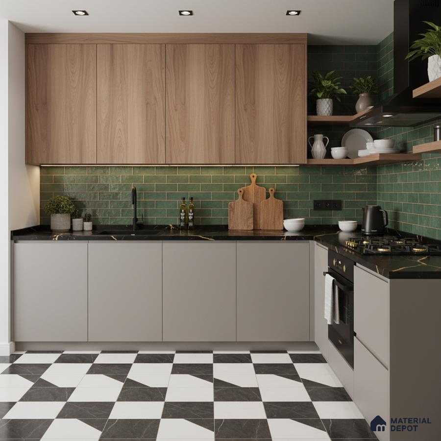 Modern kitchen with walnut wood laminate, green subway backsplash tile, and black-and-white checkerboard floor tile in Bengaluru