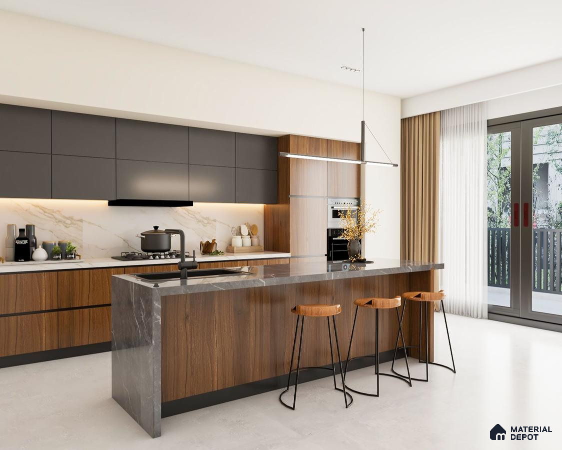 Modern kitchen with walnut wood laminate, grey matte laminate, and marble backsplash in Bengaluru | Material Depot