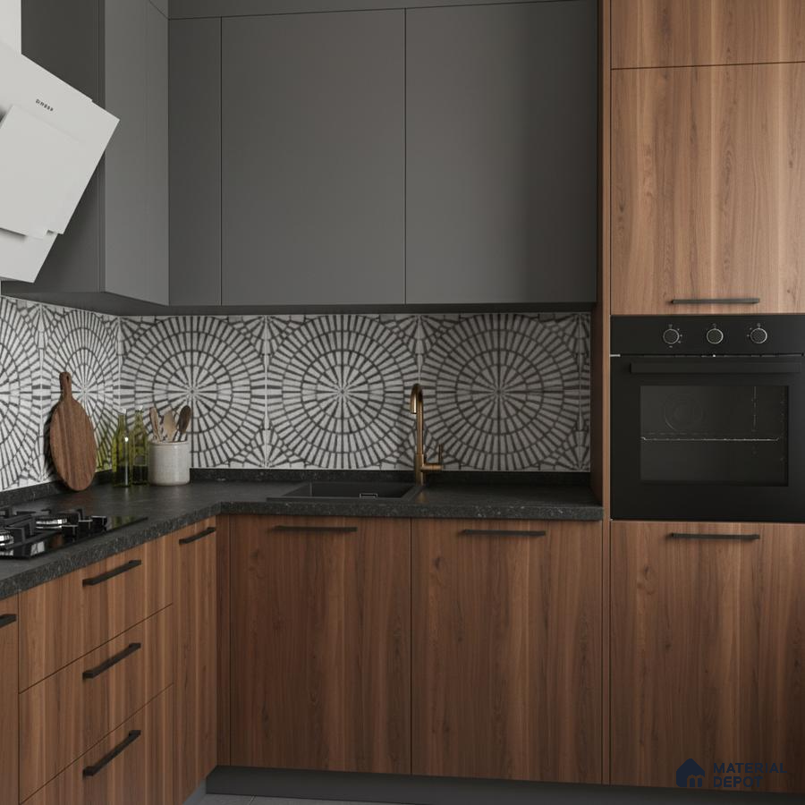 Modern kitchen with walnut wood laminate, grey solid laminate, and geometric patterned backsplash tiles in Bengaluru