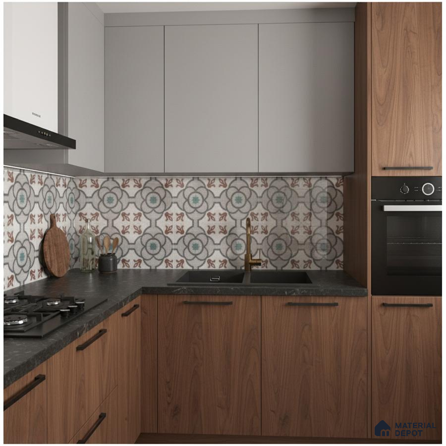 Modern kitchen with walnut wood laminate, grey solid laminate, and patterned moroccan backsplash tiles in Bengaluru