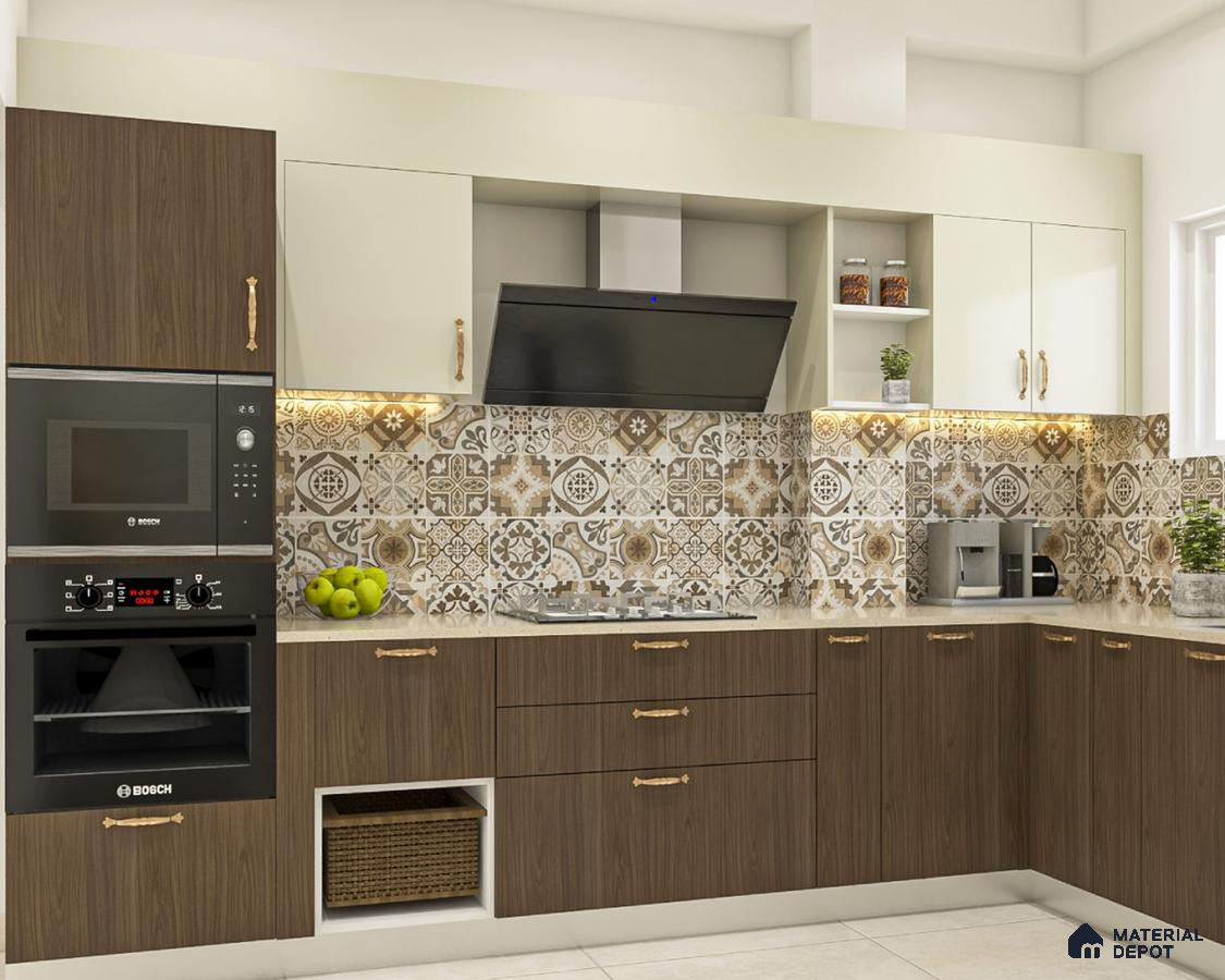 Modern kitchen with walnut wood laminate, ivory laminate, and patterned moroccan backsplash tiles in Bengaluru | Material Depot