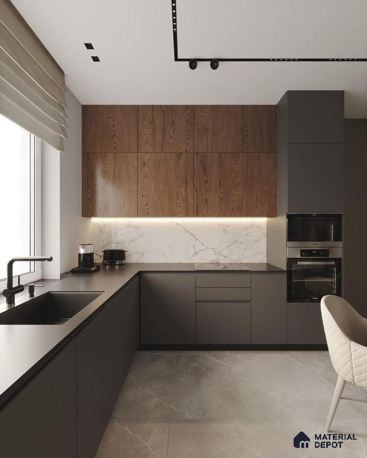 Modern kitchen with walnut wood laminate, matte charcoal laminate, and white marble backsplash in Bengaluru | Material Depot