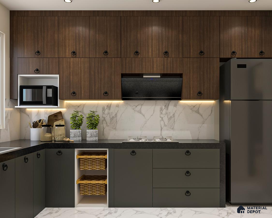 Modern kitchen with walnut wood laminate, matte olive base cabinets, and white marble backsplash in Bengaluru | Material Depot