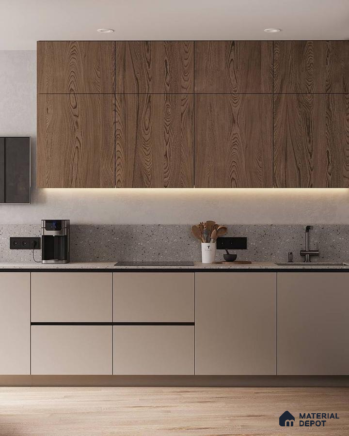 Modern kitchen with walnut wood laminate, taupe matte laminate, and terrazzo backsplash in Bengaluru | Material Depot