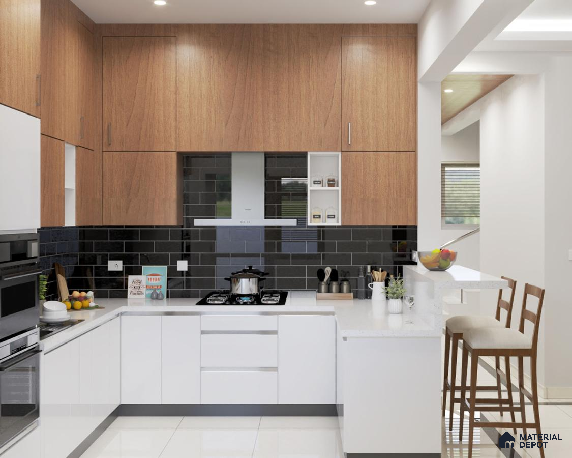 Modern kitchen with walnut wood laminate, white laminate cabinets, and black subway tile backsplash in Bengaluru | Material Depot