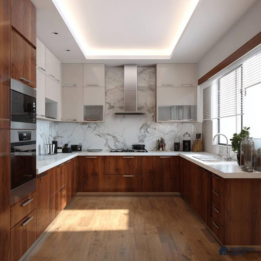 Modern kitchen with walnut wood laminate, white marble backsplash, and wooden flooring in Bengaluru | Material Depot