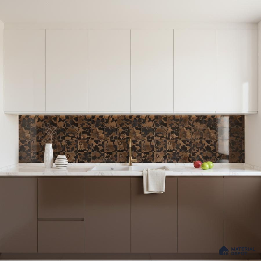 Modern kitchen with white and brown laminate cabinets, floral patterned brown backsplash tiles, and white marble countertop in Bengaluru