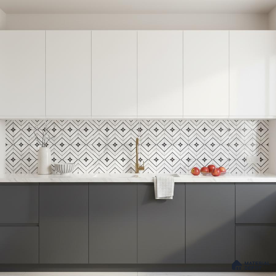 Modern kitchen with white and charcoal grey laminate, geometric black-and-white backsplash tile, and white quartz countertop in Bengaluru