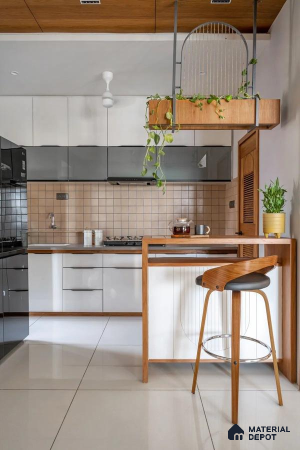 Modern kitchen with white and grey high gloss laminate, beige grid backsplash tile, and wooden accents in Bengaluru | Material Depot