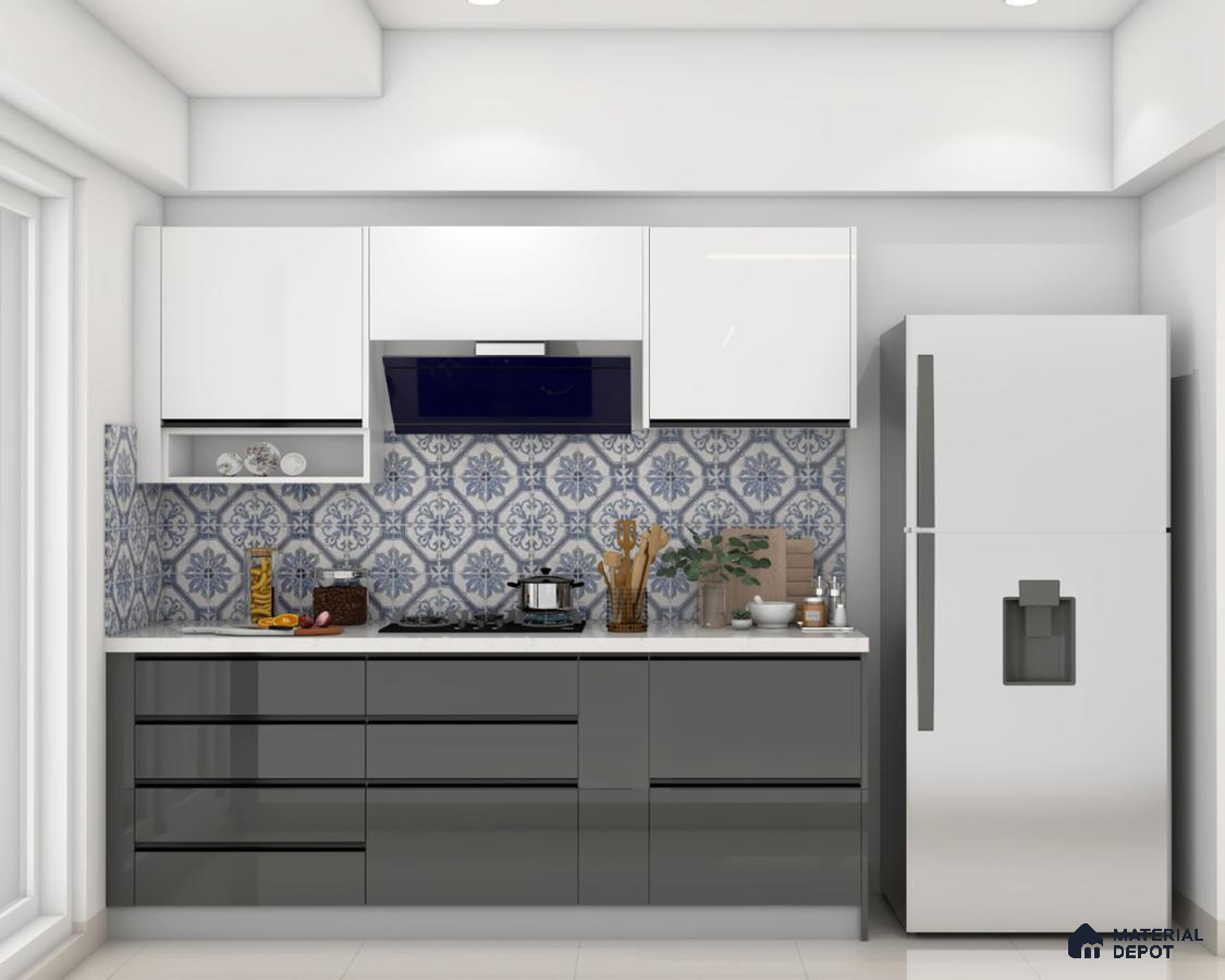 Modern kitchen with white and grey laminate, blue moroccan backsplash tile, and white quartz countertop in Bengaluru | Material Depot
